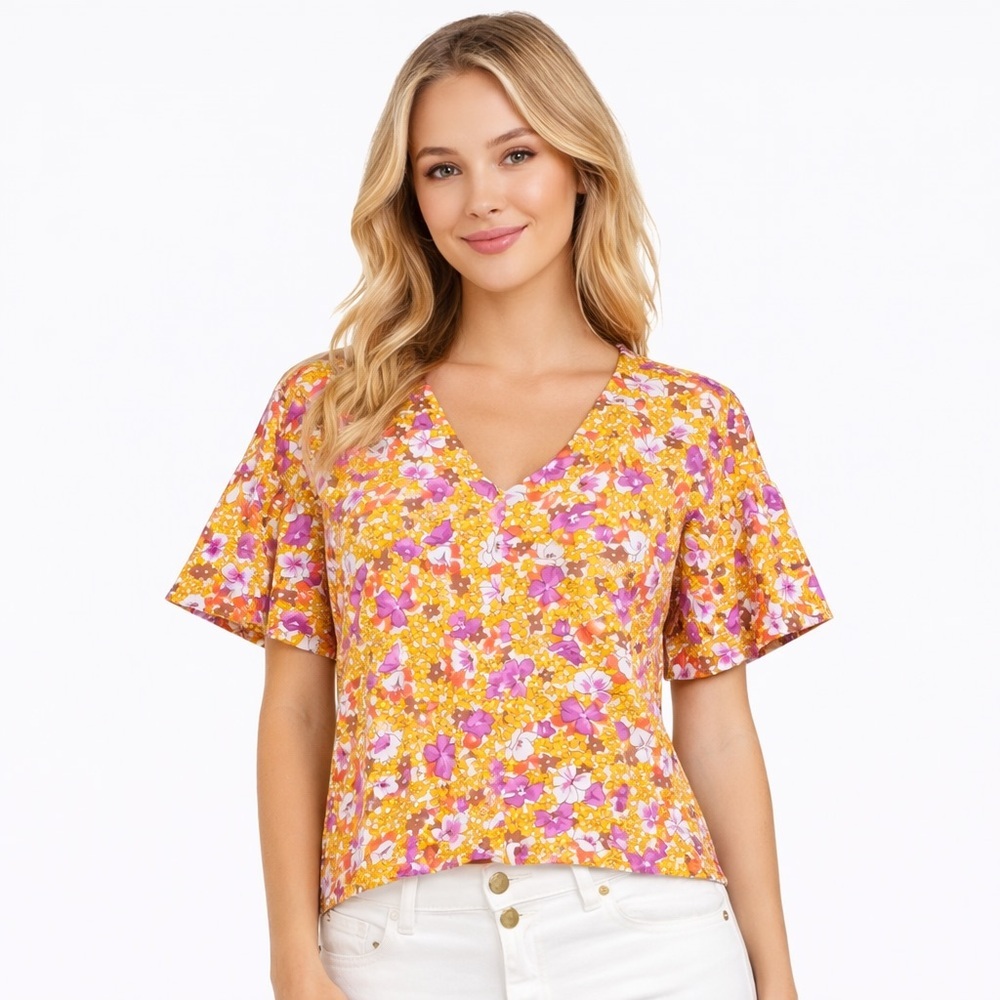 Ann Taylor Floral Blouse V Neck Boho Retro Stretch Short Sleeve Top Size XS